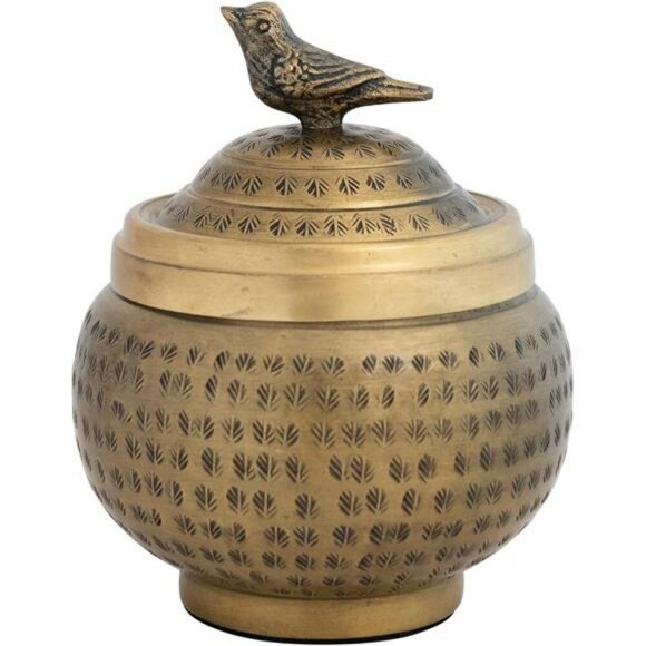 Hammered Metal Storage Container Brass Round Jar with Lid Bird Finial Decor - Picture 3 of 8